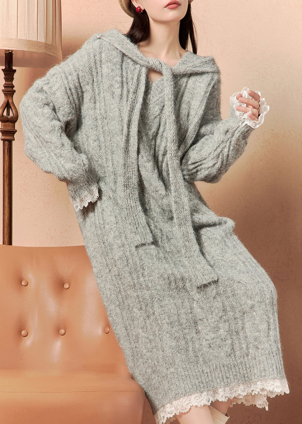 Art Grey Hooded Lace Patchwork Knit Dress Winter