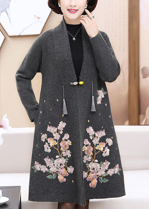 Art Grey V Neck Embroidered Woolen Trench Coats Long Sleeve