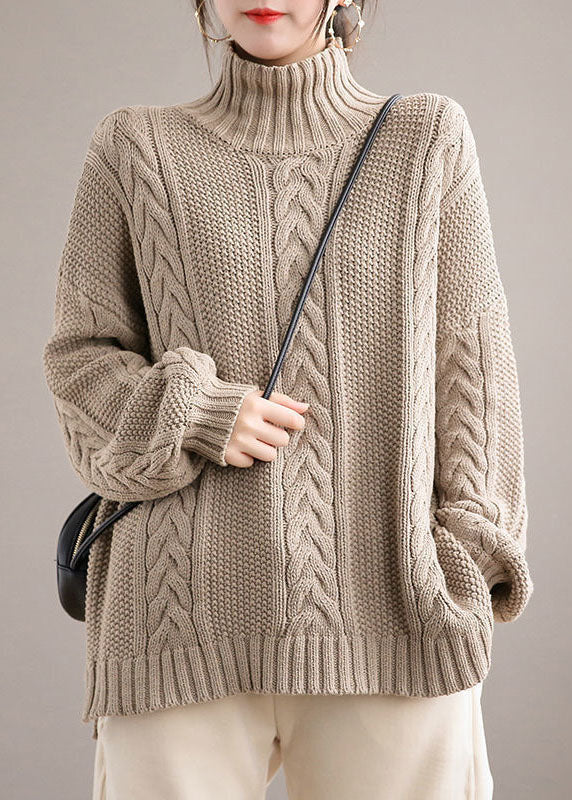 Art Khaki High Neck Oversized Cable Knit Sweaters Winter