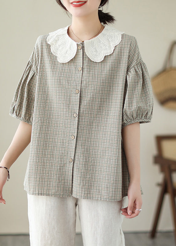 Art Khaki Peter Pan Collar Plaid Cotton Blouses Summer