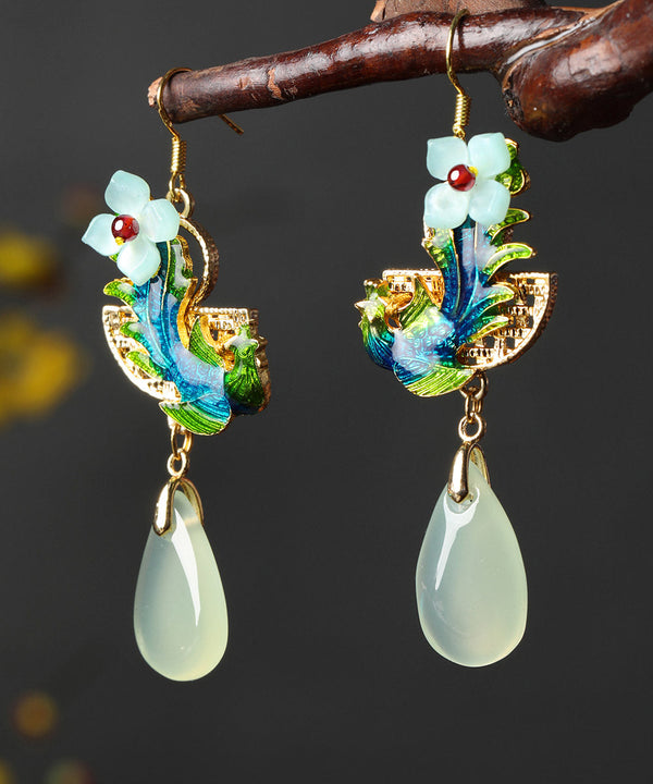 Art Light Green Jade Cloisonne Gem Stone Floral Drip Drop Earrings