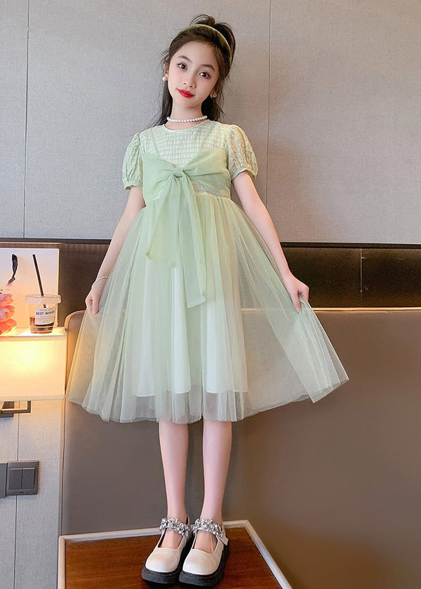 Art Light Green O-Neck Bow Tulle Kids Long Dresses Summer