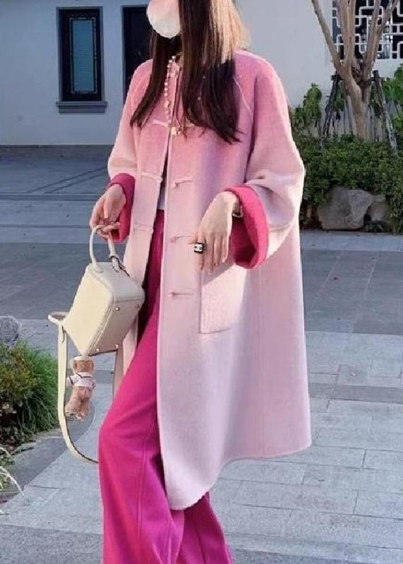 Art Pink Gradient Color Button Pockets Woolen Coat Winter