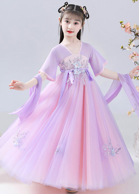 Art Purple Embroidered Tie Waist Tulle Kids Long Dresses Summer