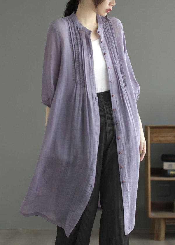 Art Purple Stand Collar Wrinkled Patchwork Linen Shirts Dresses Summer