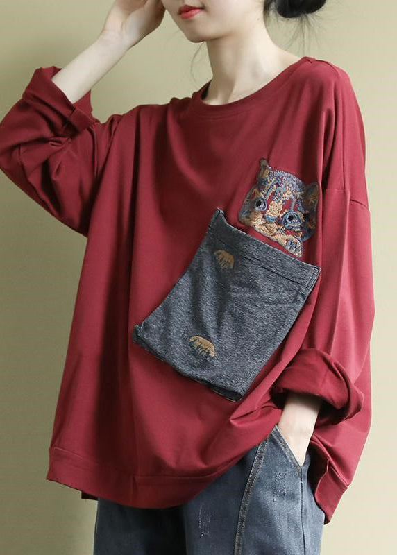 Art Red O-Neck Embroidered Floral Pockets Cotton Sweatshirt Long Sleeve