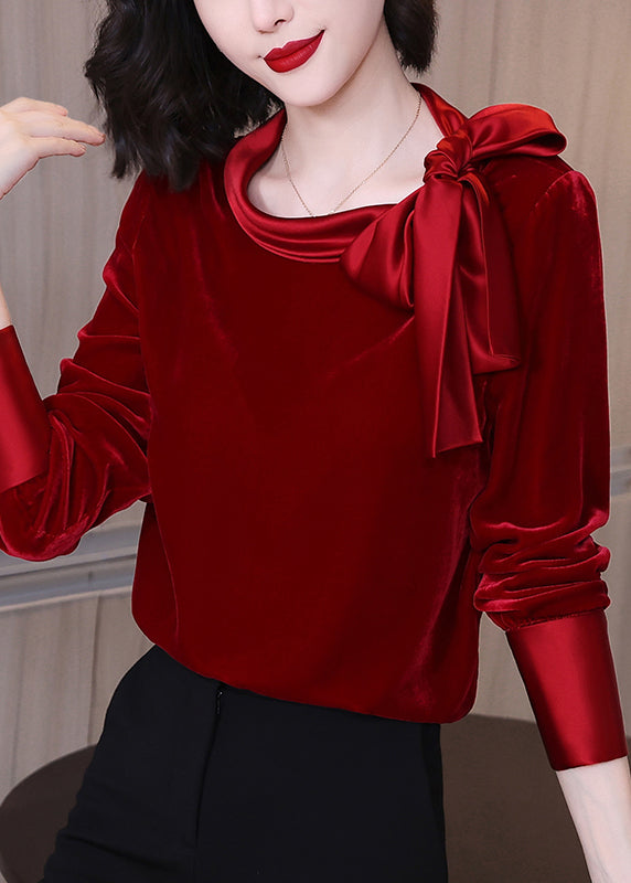 Art Red O-Neck Velour Tops Long Sleeve