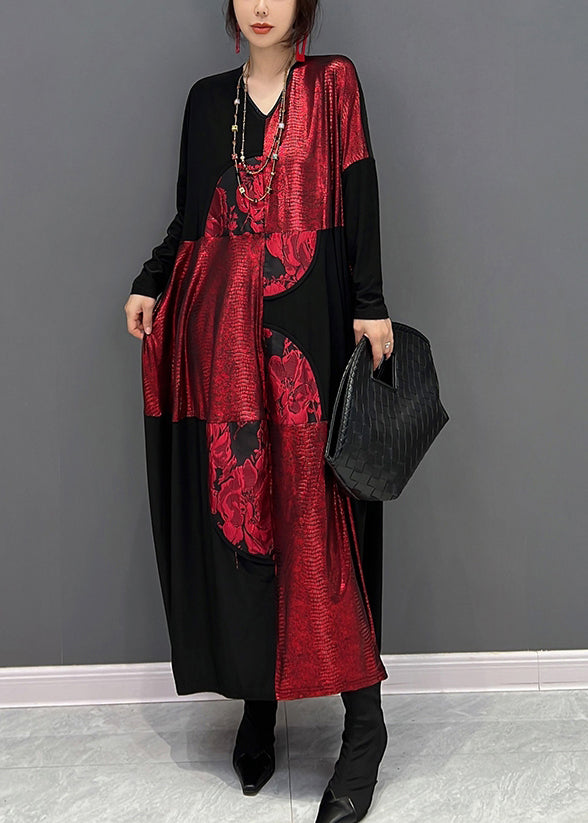 Art Red Patchwork Black V Neck Print Maxi Dress Fall