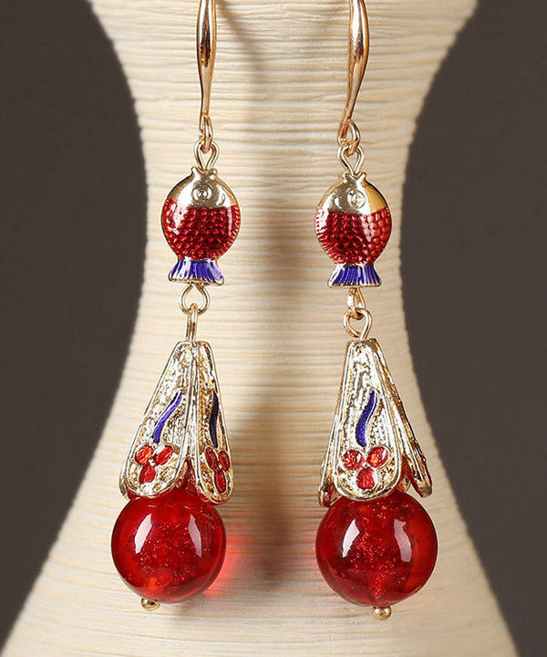 Art Red Sterling Silver Cloisonne Coloured Glaze Fish Drop Earrings