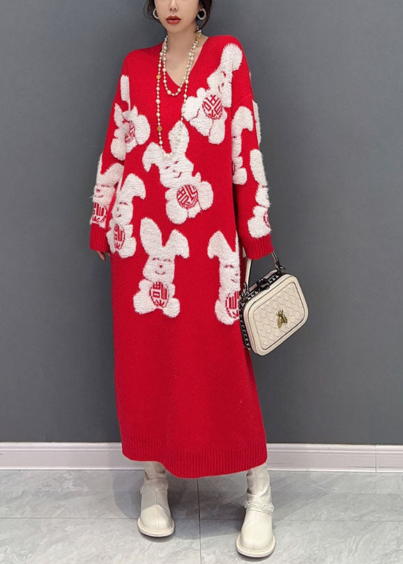 Art Red V Neck Oversized Rabbit Jacquard Knit Sweater Dress Winter