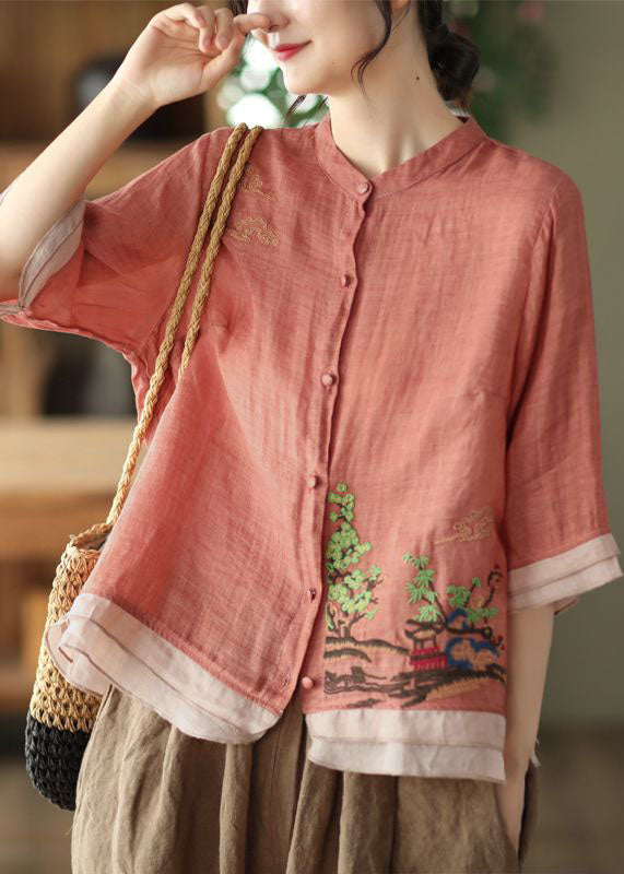 Art Rubber Red Embroidered Patchwork Linen Shirt Tops Summer