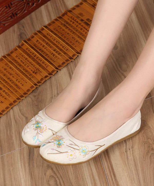 Art Splicing Flat Shoes For Women Beige Embroidered Cotton Linen Fabric