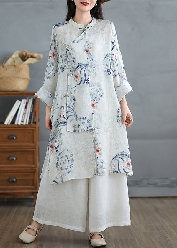 Art White Oversized Print Linen Oriental Dress Fall