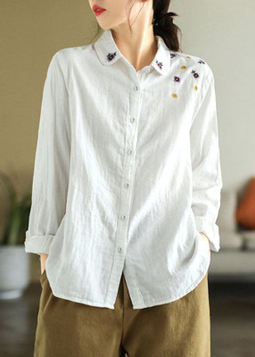 Art White Peter Pan Collar Embroidered Cotton Shirt Spring