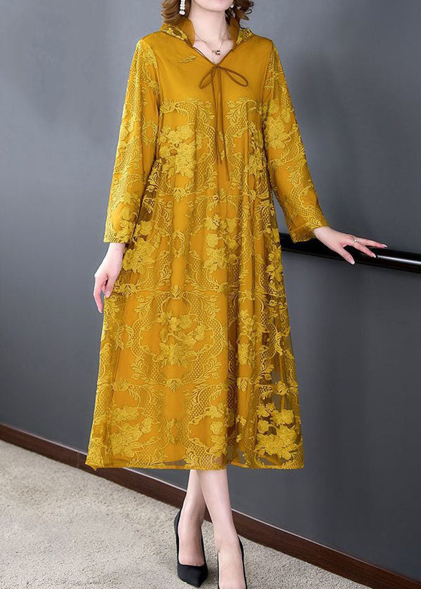 Art Yellow Hooded Embroidered Patchwork Silk Dress Spring