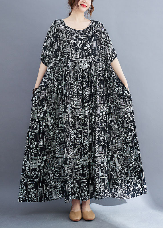 Baggy Black Wrinkled Patchwork Print Exra Large Hem Cotton Long Dress Short Sleeve