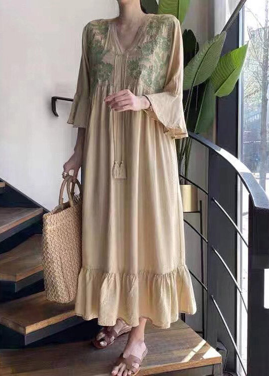 Beautiful Apricot V Neck Embroidered Ruffled Tassel Tie Waist Long Dresses Flare Sleeve