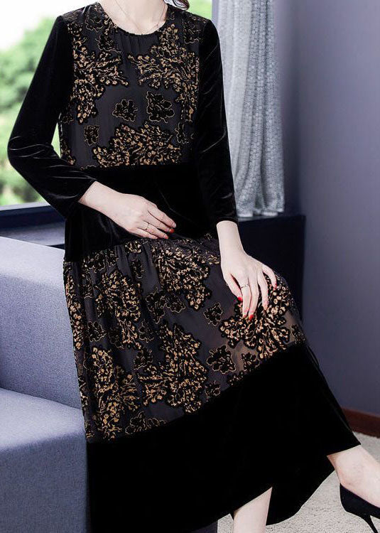 Beautiful Black Embroidered Tulle Patchwork Silk Velour Dresses Spring