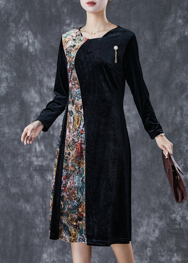 Beautiful Black Exra Large Hem Patchwork Silk Velour Vacation Dresses Fall