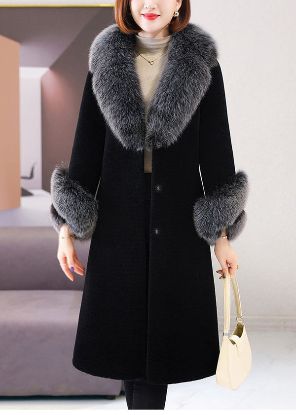 Beautiful Black Fox Collar Tie Waist Woolen Long Coat Winter