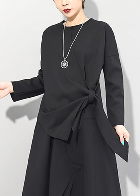 Beautiful Black O-Neck Asymmetrical Tie Waist Bow Top Long Sleeve