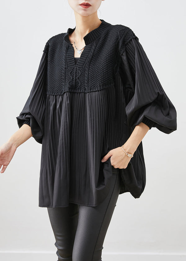 Beautiful Black Oversized Patchwork Wrinkled Tops Lantern Sleeve