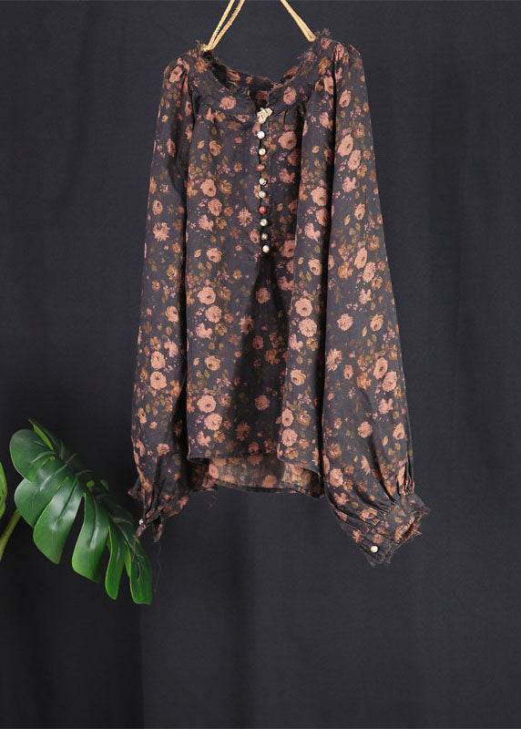 Beautiful Black Print Button Patchwork Linen Tops Spring