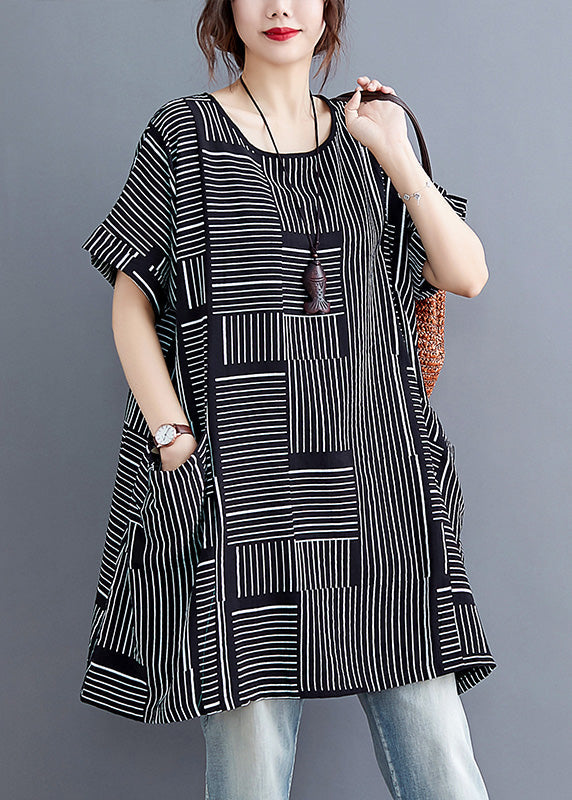 Beautiful Black Striped PatchworkLinen T Shirt Short Sleeve