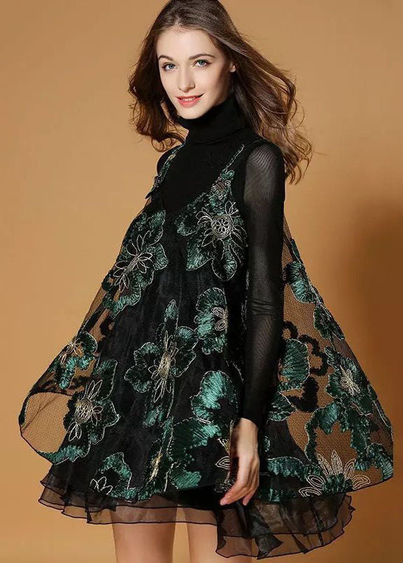 Beautiful Black Turtle Neck Embroidered Organza Two-Piece Set Spring