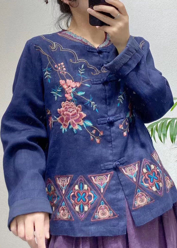 Beautiful Blue Embroidered Oriental Button Linen Chinese Style Coats Spring