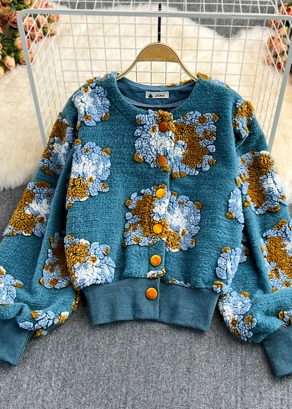 Beautiful Blue O-Neck Fluffy Floral Button Knit Sweaters Spring