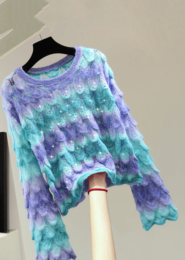 Beautiful Blue O-Neck Zippered Hollow Out Cotton Knit Sweater Flare Sleeve