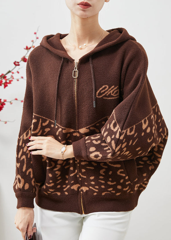 Beautiful Brown Hooded Print Woolen Coat Spring