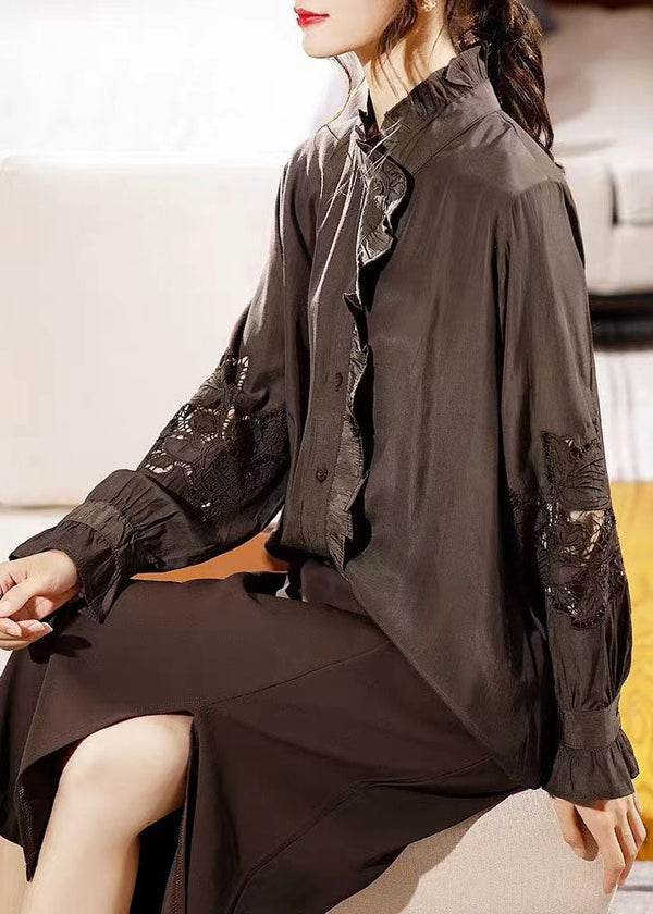 Beautiful Chocolate Ruffled Hollow Out Chiffon Shirt Long Sleeve