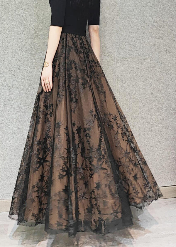 Beautiful Chocolate Embroidered Floral High Waist Flatering Tulle Maxi Skirt Spring