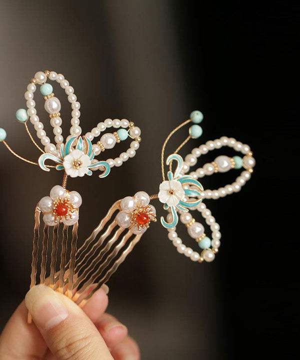 Beautiful Colorblock Copper Pearl Crystal Cloisonne Butterfly Hairpin