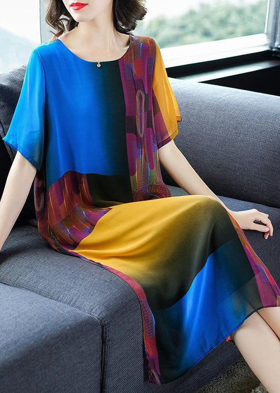 Beautiful Colorblock O Neck Side Open Patchwork Chiffon Dress Summer