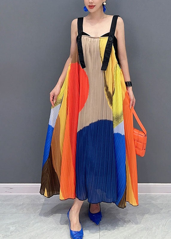 Beautiful Colorblock Slash Neck Wrinkled Maxi Dress Sleeveless