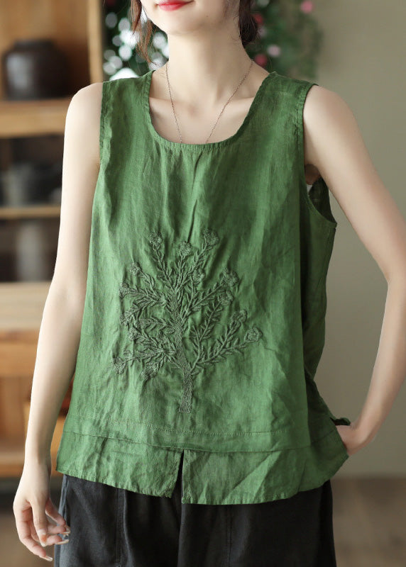 Beautiful Green O-Neck Embroidered Patchwork Side Open Linen Vest Summer