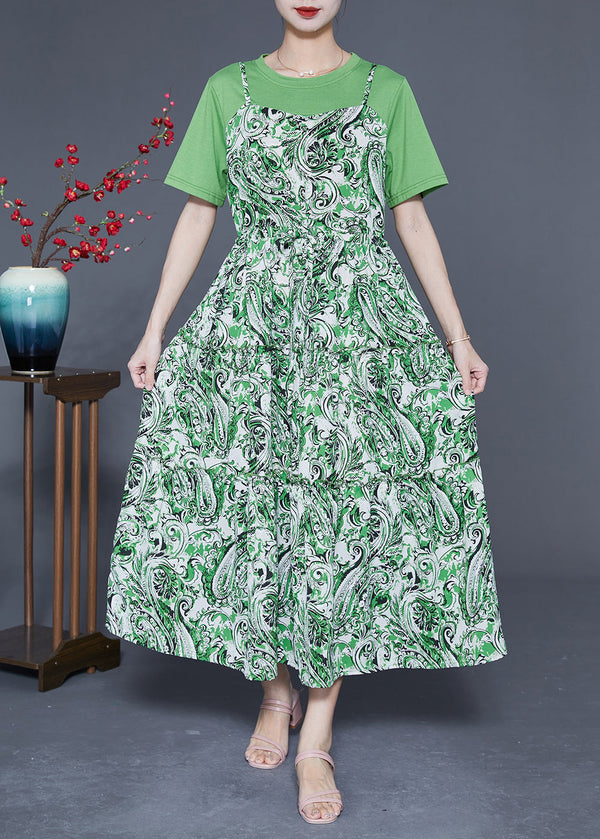 Beautiful Green O-Neck Patchwork Exra Large Hem Chiffon Fake Two Piece Dresses Summer