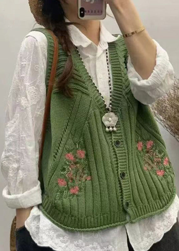 Beautiful Green V Neck Embroidered Knit Vest Fall