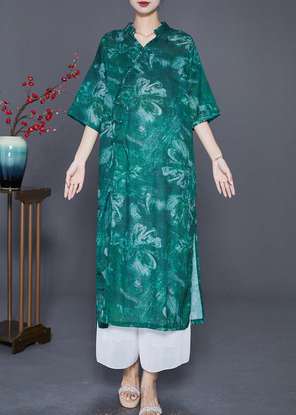 Beautiful Green V Neck Tie Dye Linen Long Dress Summer