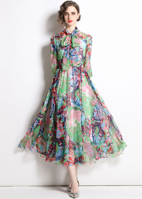 Beautiful Green Zip Up Print Chiffon Cinch Dress Half Sleeve