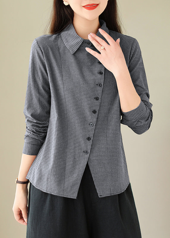 Beautiful Grey Peter Pan Collar Plaid Cotton Shirts Top Spring