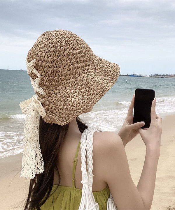 Beautiful Khaki Cross Strap Hollow Out Straw Woven Bucket Hat