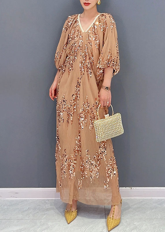 Beautiful Khaki Sequins Wrinkled Tulle Party Long Dress Puff Sleeve