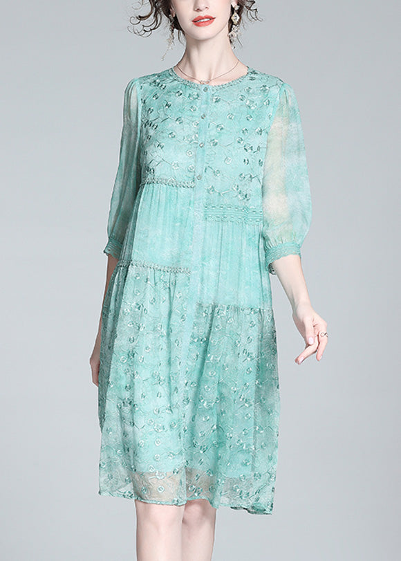 Beautiful Light Green O-Neck Embroidered Button Long Dresses Summer