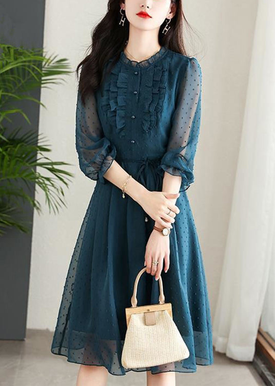 Beautiful Navy Ruffled Tie Waist Patchwork Chiffon Dress Summer