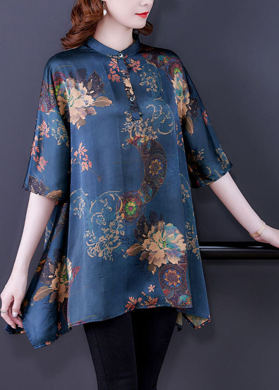 Beautiful Navy Stand Collar Print Silk Tops Half Sleeve