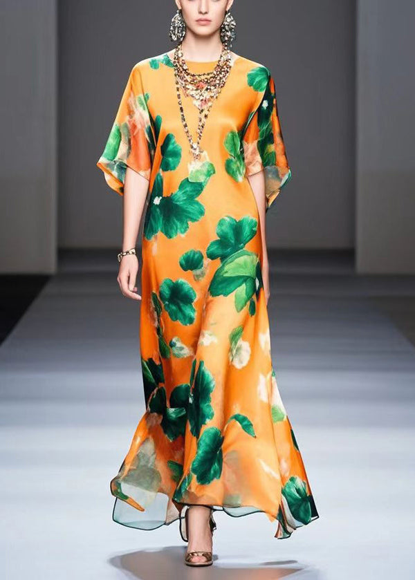 Beautiful Orange Oversized Print Silk Maxi Dress Summer